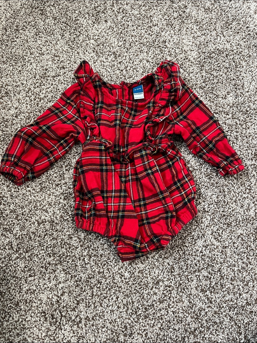 Old Navy Baby Girl Holiday Red Plaid Bodysuit with Ruffle Detail